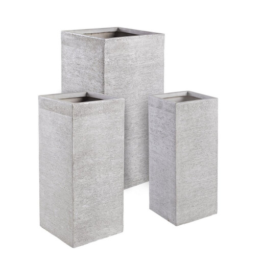 Set 3 ghivece flori fibra sticla alba Graffiti 26x26x60h/ 33x33x70h/ 40x40x77h
