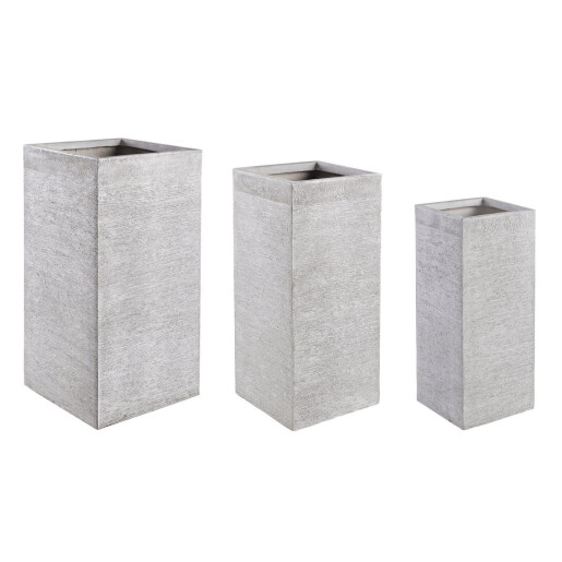Set 3 ghivece flori fibra sticla alba Graffiti 26x26x60h/ 33x33x70h/ 40x40x77h