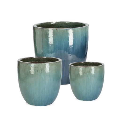 Set 3 ghivece flori teracota albastra Quang Ø30x27h; ø38x37h; ø47x47h