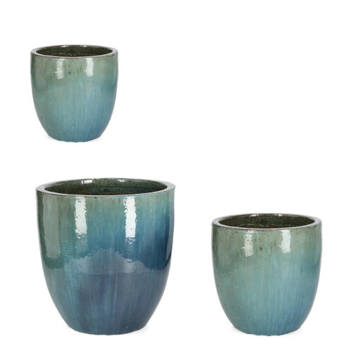 Set 3 ghivece flori teracota albastra Quang Ø30x27h; ø38x37h; ø47x47h