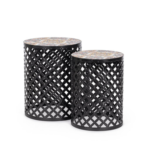 Set 2 masute cafea otel ceramica multicolora Santorini Ø30x41h; ø35x45h