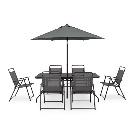 Set mobilier gradina masa, 6 scaune,  cu umbrela soare otel gri charcoal Pompei 