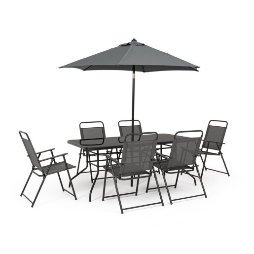 Set mobilier gradina masa, 6 scaune,  cu umbrela soare otel gri charcoal Pompei 