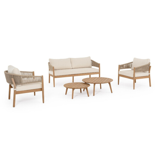 Set mobilier gradina, terasa canapea, 2 fotolii, masuta cafea lemn masiv maro perne crem Thiago 160x76x84 cm