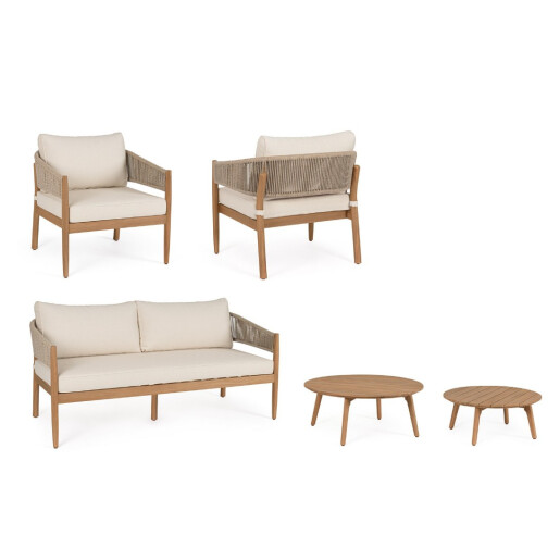 Set mobilier gradina, terasa canapea, 2 fotolii, masuta cafea lemn masiv maro perne crem Thiago 160x76x84 cm