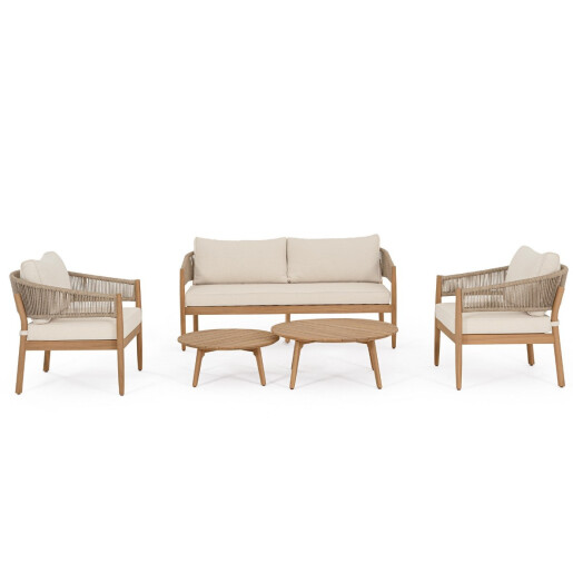 Set mobilier gradina, terasa canapea, 2 fotolii, masuta cafea lemn masiv maro perne crem Thiago 160x76x84 cm