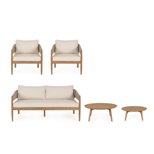 Set mobilier gradina, terasa canapea, 2 fotolii, masuta cafea lemn masiv maro perne crem Thiago 160x76x84 cm