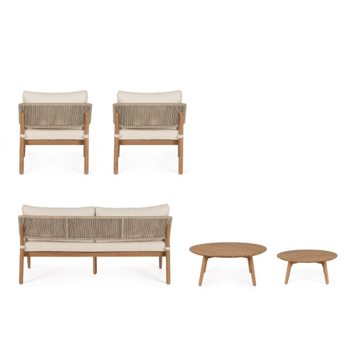 Set mobilier gradina, terasa canapea, 2 fotolii, masuta cafea lemn masiv maro perne crem Thiago 160x76x84 cm