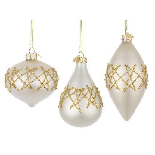 Set 12 globuri Craciun sticla alba aurie Embellish 6,5x6,5x10h; 8x8x7,8h; 6,5x6,5x12,7h
