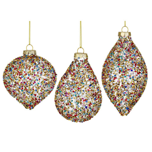 Set 12 globuri brad Craciun sticla multicolora Kleis 7,1x7,1x10,5h; 8x8x9,1h; 6,8x6,8x13h