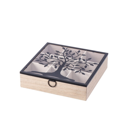 Cutie pliculete ceai, compartimentata lemn natur, sticla 23,5 x 23,5 x 6 cm