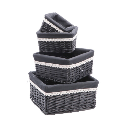 Set 4 cosuri depozitare lemn rachita negru 15 x 15 x 9,5 cm, 20 x 20 x 12 cm, 25,5 x 25,5 x 13 cm, 30 x 30 x 15 cm
