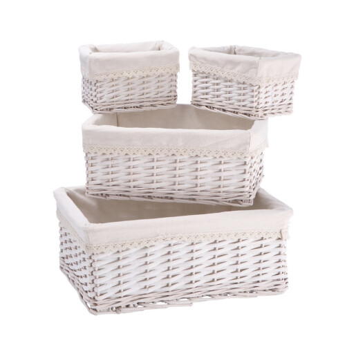 Set 4 cosuri depozitare lemn rachita alba  20 x 15 x 12 cm, 34,5 x 25 x 14 cm, 40 x 30 x 16 cm