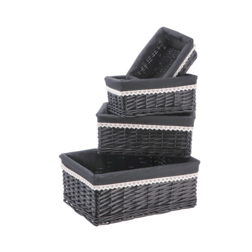 Set 4 cosuri depozitare lemn rachita negru 24 x 15,5 x 10 cm, 29 x 21 x 12,5 cm, 34 x 25 x 14,5 cm, 40 x 30,5 x 16 cm