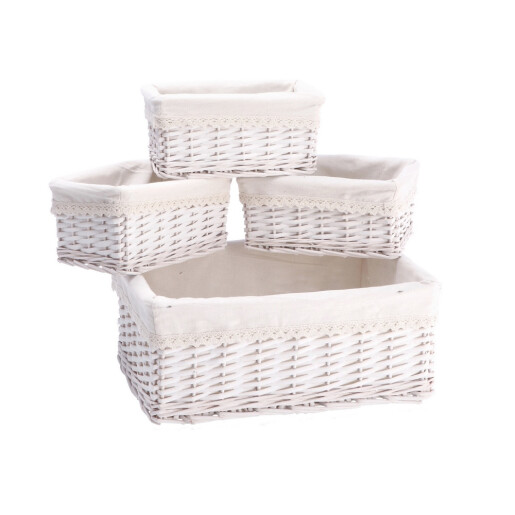Set 4 cosuri depozitare lemn rachita alba 25 x 15 x 10,5 cm, 40 x 30,5 x 16 cm
