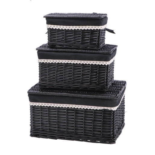 Set 3 cosuri depozitare lemn rachita neagra 28,5 x 20 x 15 cm, 37 x 26,5 x 20 cm, 44,5 x 33,5 x 22,5 cm