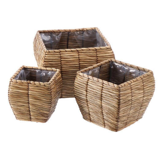 Set 3 ghivece flori fibre naturale maro 18 x 18 x 19 cm, 24,5 x 24,5 x 22 cm, 31 x 31 x 25 cm