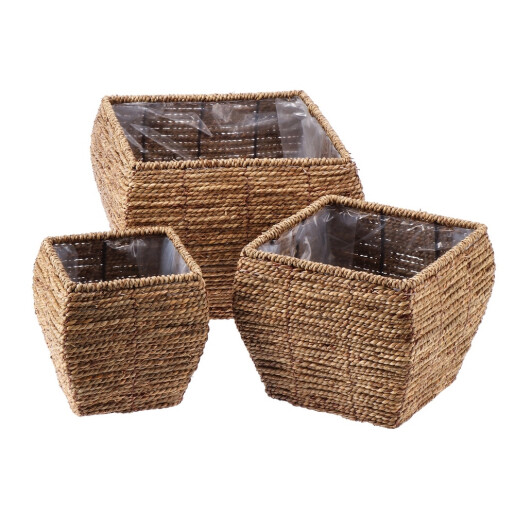 Set 3 ghivece flori fibre naturale maro III 18 x 18 x 19 cm, 24,5 x 24,5 x 22 cm, 31 x 31 x 25 cm
