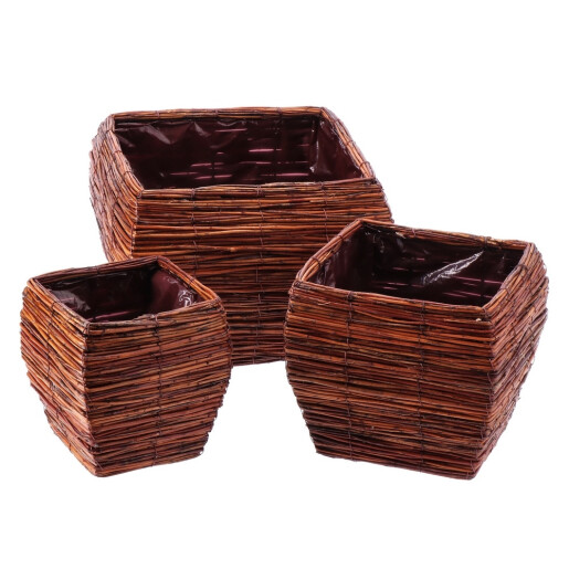 Set 3 ghivece flori fibre naturale maro IIII 18 x 18 x 19 cm, 24,5 x 24,5 x 22 cm, 31 x 31 x 25 cm