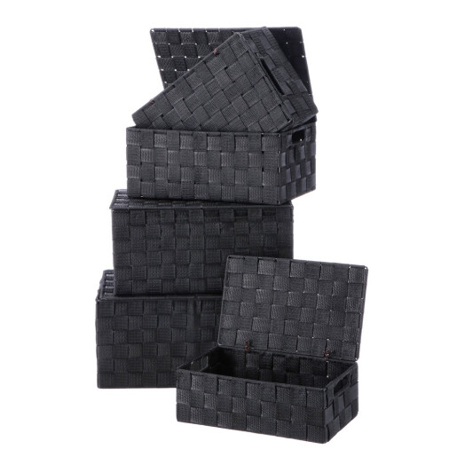 Set 5 cutii cu capac, depozitare, textil negru 26 x 16 x 9,5, 28 x 18 x 11, 30,5 x 20 x 13, 32 x 22 x 16, 34 x 24.5 x 17 cm