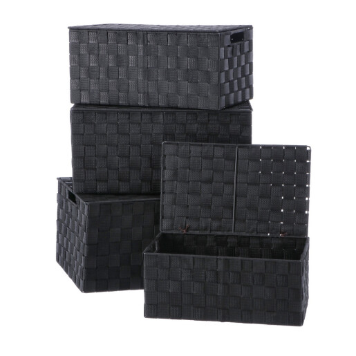 Set 4 cutii cu capac, depozitare, polietilena neagra 34,5 x 21,5 x 15, 38,5 x 25,5 x 18,  42 x 29,5 x 20. 46 x 33,5 x 22 cm