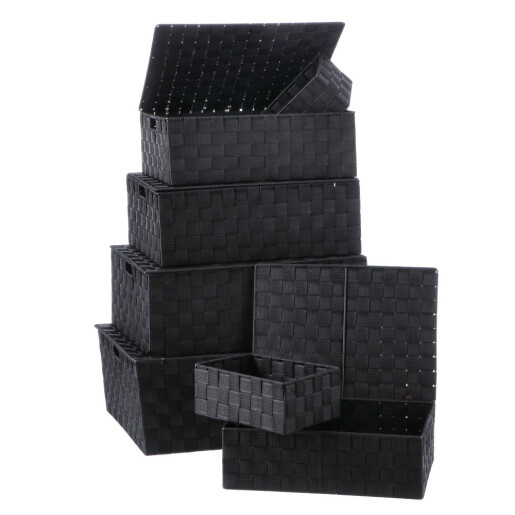 Set 7 cutii cu capac depozitare polietilena neagra 23 x 16 x 9,5, 37 x 27,5 x 12, 40 x 30 x 14, 43 x 34,5 x 15,5, 47 x 38 x 17,5,  50 x 40,5 x 19,5 cm