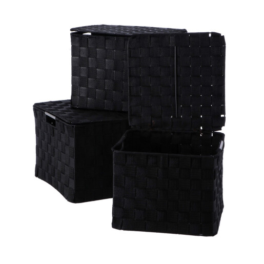 Set 3 cutii depozitare cu capac polietilena neagra 25 x 25 x 20, 27 x 27 x 21, 30 x 30 x 22 cm