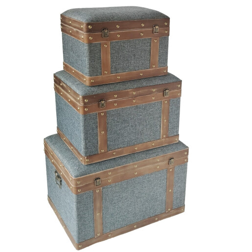 Set 3 cufere depozitare textil gri piele maro  39 x 29 x 29, 49 x 34 x 35, 59 x 39 x 41 cm