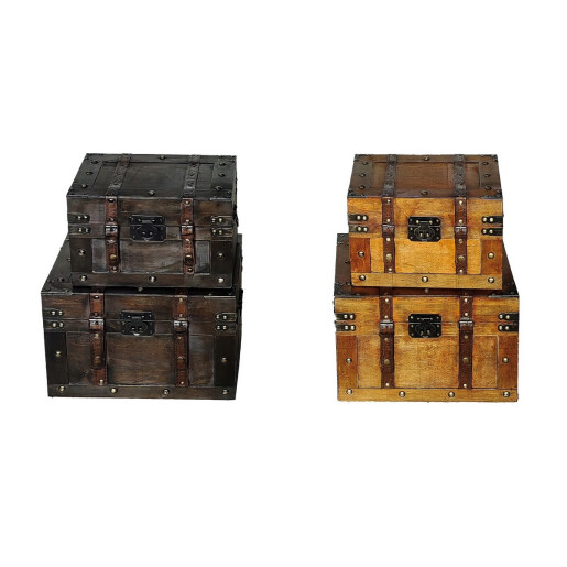 Set 4 cufere depozitare lemn piele maro 30 x 22,5 x19,5, 36 x 28 x 24 cm