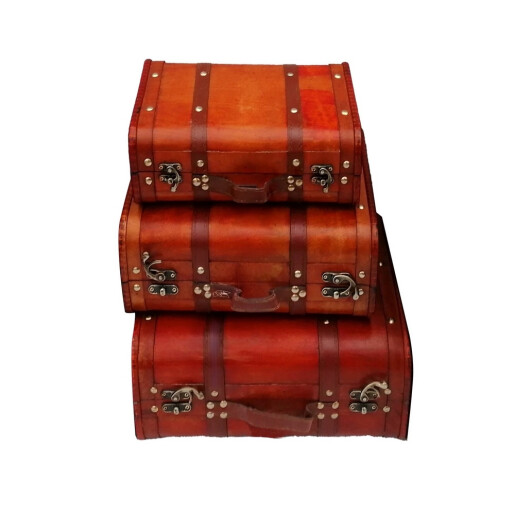 Set 3 Valize depozitare mdf piele ecologica maro roscat 28 x 18 x 10, 32 x 23 x 13, 36 x 30 x 16 cm