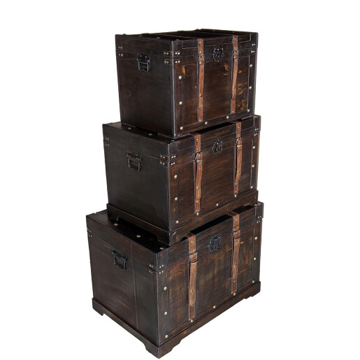 Set 3 cufere depozitare lemn piele 50 x 31 x 35, 60 x 38,5 x 42, 70 x 46 x 50,5 cm