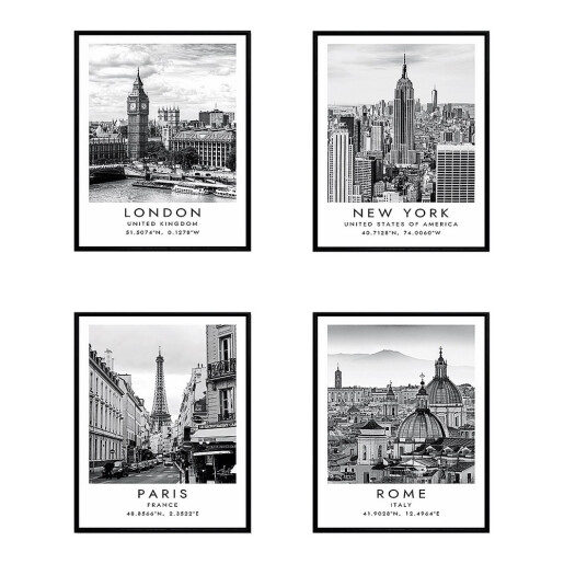 Set 4 tablouri decorative olegrafie pe hartie City 40 x 50 cm