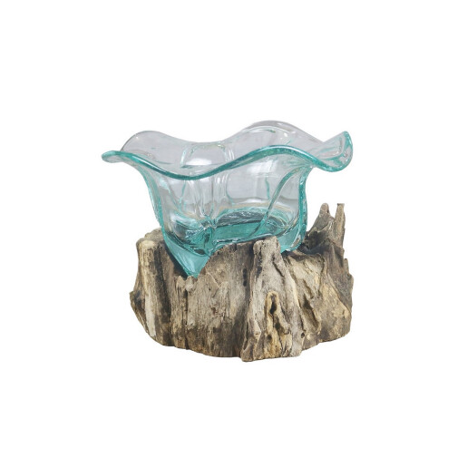 Vaza flori sticla cu suport lemn 20 x 20 x 17 cm