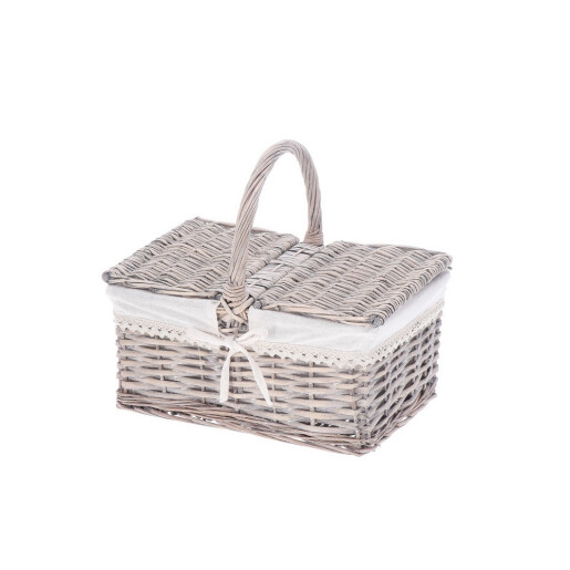 Cos depozitare lemn rachita gri textil alb 34 x 26 x 32 cm