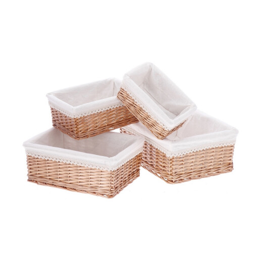 Set 4 cosuri depozitare lemn rachita maro textil alb 25 x 15 x 10 cm, 30 x 21 x 12 cm, 35 x 25,5 x 14 cm, 39,5 x 31 x 16 cm