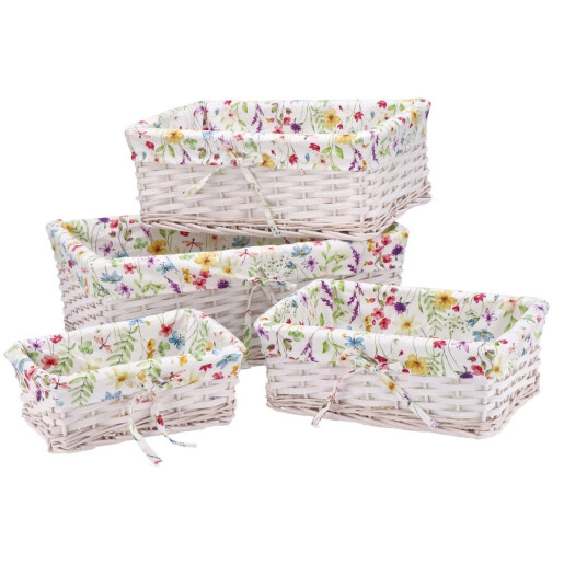 Set 4 cosuri depozitare lemn salcie, textil 26 x 18 x 9 cm, 32 x 21 x 12 cm, 39 x 26 x 15 cm, 36 x 31 x 17 cm