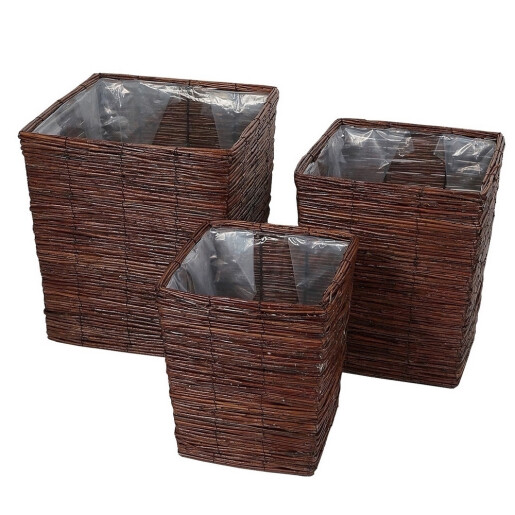 Set 3 ghivece flori fibre naturale maro 25 x 25 x 30, 31 x 31 x 37, 37 x 37 x 42 cm