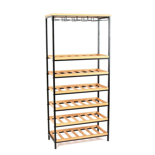 Suport pardoseala sticle vin fier negru lemn 64,5 x 33 x 140,5 cm