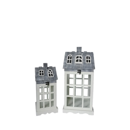 Set 2 felinare lemn alb gri 16,5 x 16,5 x 38, 23,5 x 24,5 x 52 cm