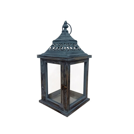 Felinar lemn gri fier albastru 20 x 20 x 43 cm