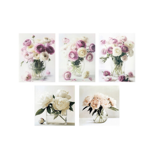 Set 5 tablouri olegrafie pe panza Flowers 3 x 15 x 20 cm,  2 x 25 x 25 cm