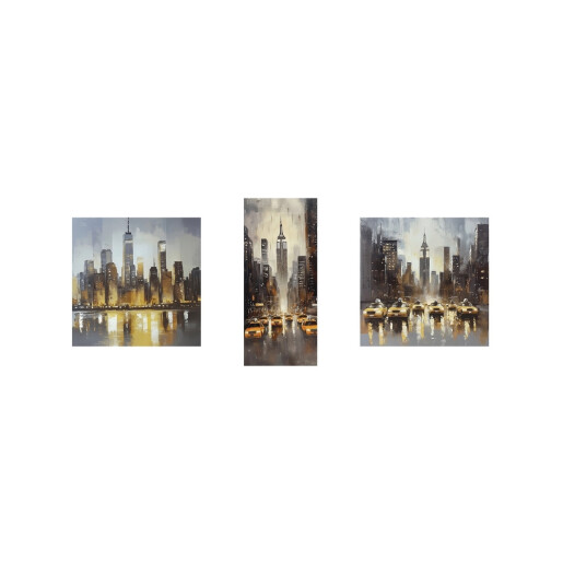 Set 3 tablouri decorative olegrafie pe panza Town III  2 x 35 x 35 cm, 35 x 80 cm