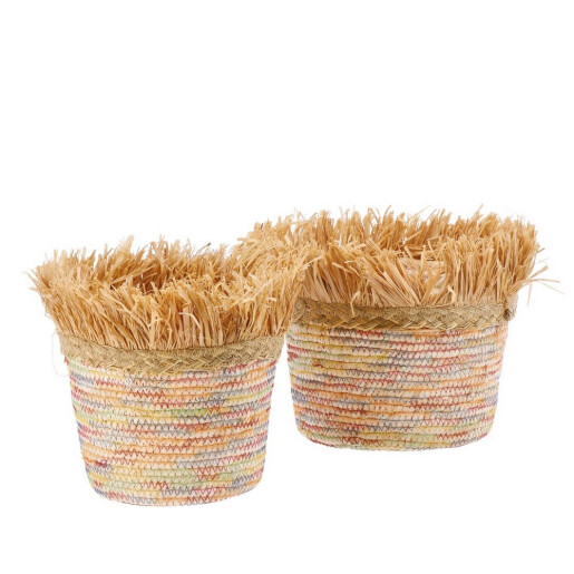 Set 2 ghivece flori frunze porumb rafie multicolor 25 x 20, 26 x 20 cm