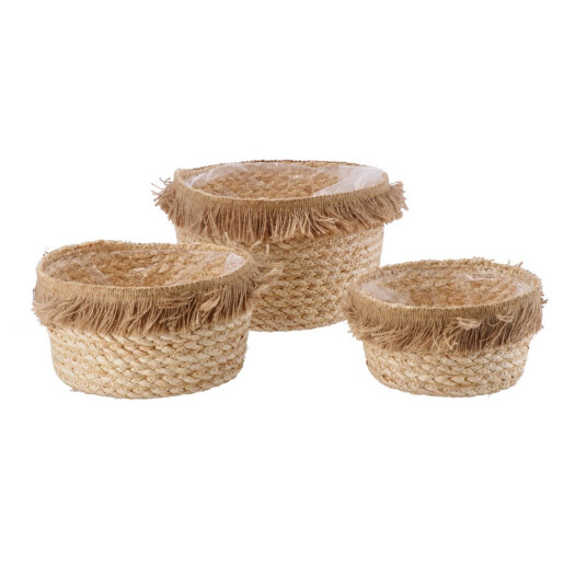 Set 3 ghivece flori frunze porumb rafie natur 20 x 11, 23 x 13, 26 x 17 cm