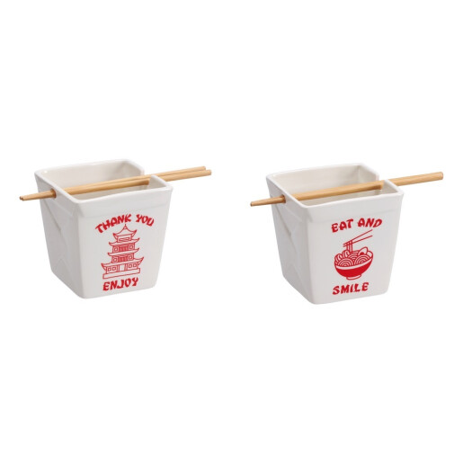 Set 2 boluri mancare chinezeasca dolomit alb rosu, betisoare bambus 12,5 x 12,5 x 13 cm