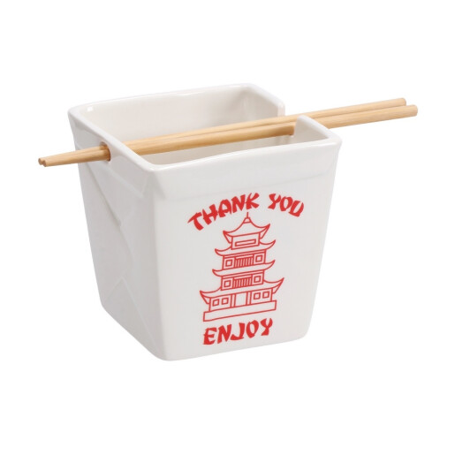 Set 2 boluri mancare chinezeasca dolomit alb rosu, betisoare bambus 12,5 x 12,5 x 13 cm