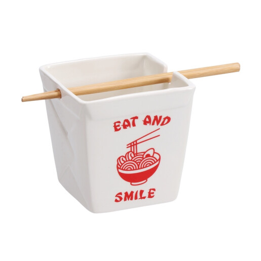 Set 2 boluri mancare chinezeasca dolomit alb rosu, betisoare bambus 12,5 x 12,5 x 13 cm