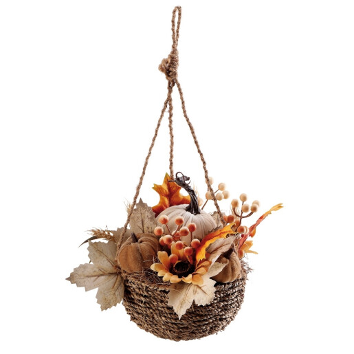 Aranjament in ghiveci cu Dovleci si Frunze artificiale multicolore 48 x 30 cm