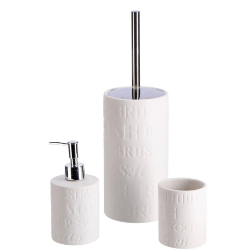 Set perie toaleta, dispenser sapun, pahar periute dinti ceramica alba