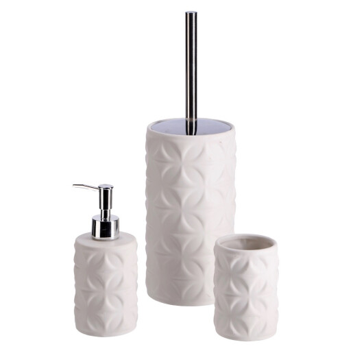 Set perie toaleta, dispenser sapun, pahar periute dinti ceramica alba Amely